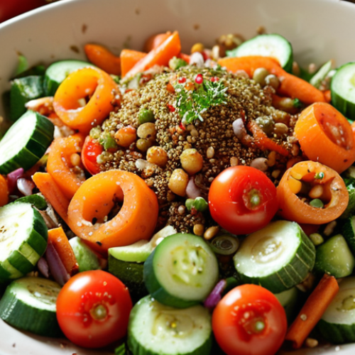 Home 11 **
A vibrant autumn salad featuring carrots, cucumbers, tomatoes, and onions, sprinkled with toasted cumin powder. Focus on the fresh ingredients and the warm, earthy tones of the cumin.
**