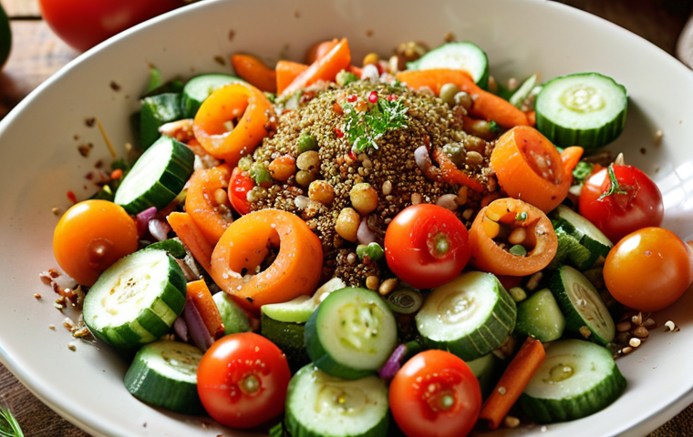 **
A vibrant autumn salad featuring carrots, cucumbers, tomatoes, and onions, sprinkled with toasted cumin powder. Focus on the fresh ingredients and the warm, earthy tones of the cumin.
**