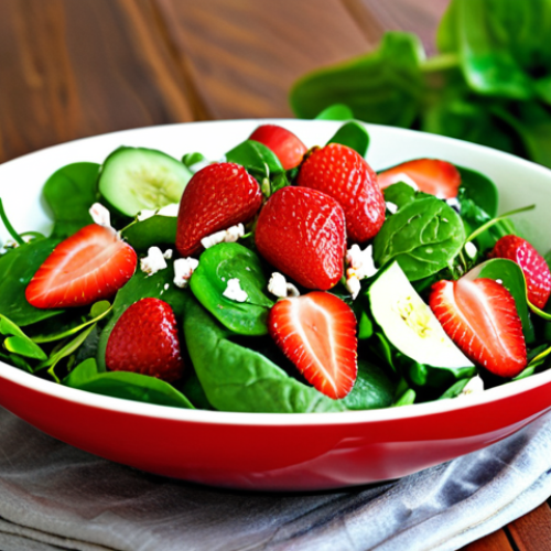 Home 6 **
A vibrant spring salad with spinach, strawberries, cucumber, and mint. Focus on fresh, green colors with a touch of red from the strawberries. The salad should look light and refreshing, embodying the spirit of spring.
**