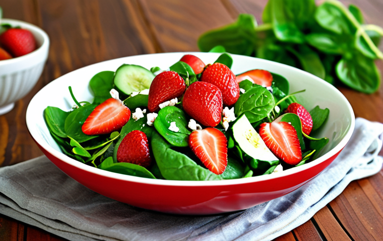 **
A vibrant spring salad with spinach, strawberries, cucumber, and mint. Focus on fresh, green colors with a touch of red from the strawberries. The salad should look light and refreshing, embodying the spirit of spring.
**