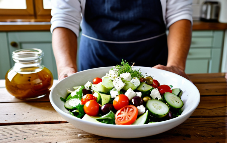 **

"A beautifully arranged autumn salad featuring Feta cheese, tomatoes, cucumbers, olives, and onions, drizzled with olive oil.  The salad is displayed on a rustic wooden table in a sunlit kitchen. Ingredients are fresh and vibrant.  Fully clothed people are preparing the salad in the background, appropriate attire, safe for work, perfect anatomy, natural proportions, professional food photography, high quality, family-friendly."

**