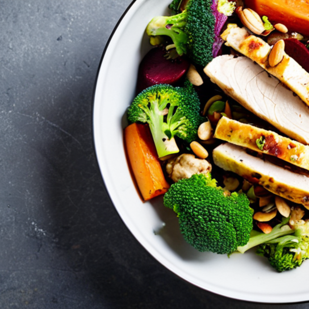 **

A vibrant and colorful winter salad featuring roasted cauliflower and broccoli florets, diced carrots, and beets, all arranged artfully in a bowl. Topped with chopped, cooked chicken, sliced almonds, pumpkin seeds, and a drizzle of honey-lemon dressing. Safe for work, appropriate content, fully clothed (implied, focus on food), professional food photography, natural proportions (of food), high quality, family-friendly.

**