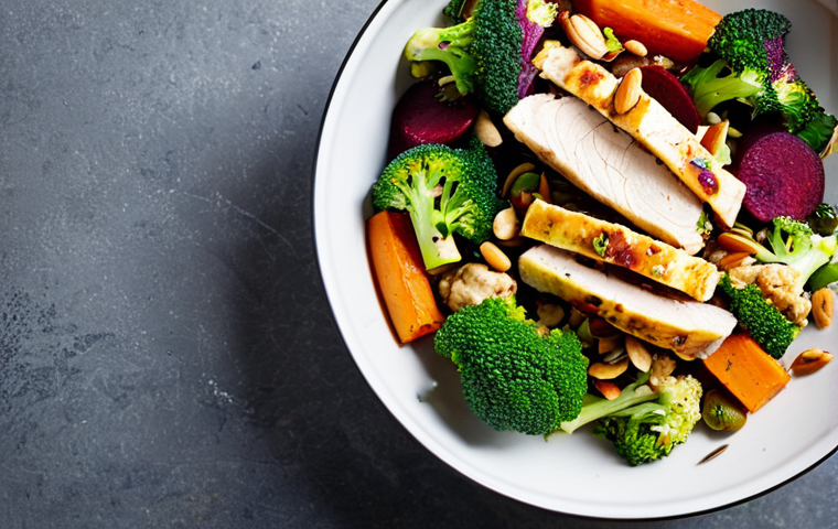 **

A vibrant and colorful winter salad featuring roasted cauliflower and broccoli florets, diced carrots, and beets, all arranged artfully in a bowl. Topped with chopped, cooked chicken, sliced almonds, pumpkin seeds, and a drizzle of honey-lemon dressing. Safe for work, appropriate content, fully clothed (implied, focus on food), professional food photography, natural proportions (of food), high quality, family-friendly.

**