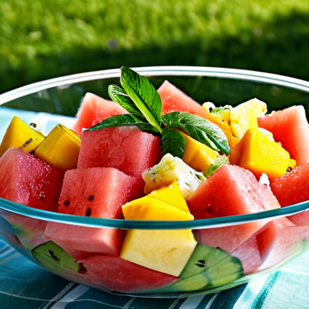 Tropical Delight**

"A vibrant summer salad overflowing with chunks of watermelon, ripe mango, juicy pineapple, and sweet lychees, all tossed together. The salad is served in a clear glass bowl, showcasing the colorful fruits. Background: a sunny outdoor picnic setting, dappled sunlight. safe for work, appropriate content, fully clothed, professional photography, high quality, perfect anatomy, natural proportions, family-friendly"

**