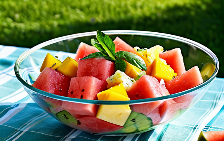 Tropical Delight**

"A vibrant summer salad overflowing with chunks of watermelon, ripe mango, juicy pineapple, and sweet lychees, all tossed together. The salad is served in a clear glass bowl, showcasing the colorful fruits. Background: a sunny outdoor picnic setting, dappled sunlight. safe for work, appropriate content, fully clothed, professional photography, high quality, perfect anatomy, natural proportions, family-friendly"

**