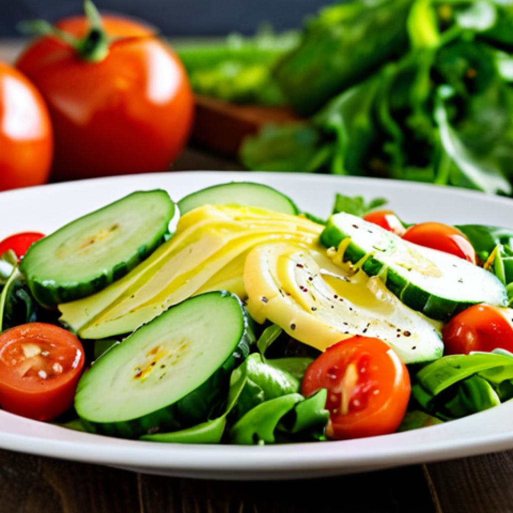 Honey Lemon Dressing**
A vibrant and colorful salad with a glistening honey lemon dressing, fully clothed, appropriate content, safe for work. The salad features fresh greens, sliced tomatoes, and cucumber. The dressing is drizzled artfully over the salad, with a visible pour of honey. Background is a bright, clean kitchen setting. Professional food photography, perfect anatomy (of the vegetables), natural proportions, family-friendly, modest.
**