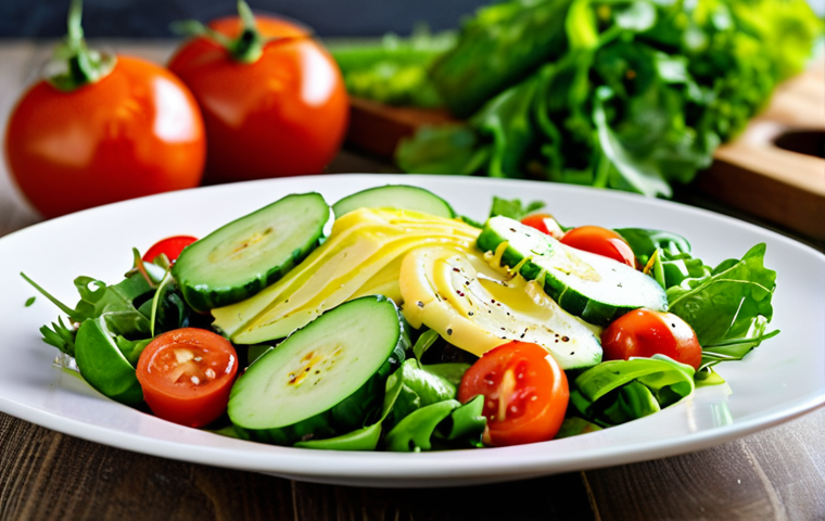 Honey Lemon Dressing**

A vibrant and colorful salad with a glistening honey lemon dressing, fully clothed, appropriate content, safe for work. The salad features fresh greens, sliced tomatoes, and cucumber. The dressing is drizzled artfully over the salad, with a visible pour of honey. Background is a bright, clean kitchen setting. Professional food photography, perfect anatomy (of the vegetables), natural proportions, family-friendly, modest.

**