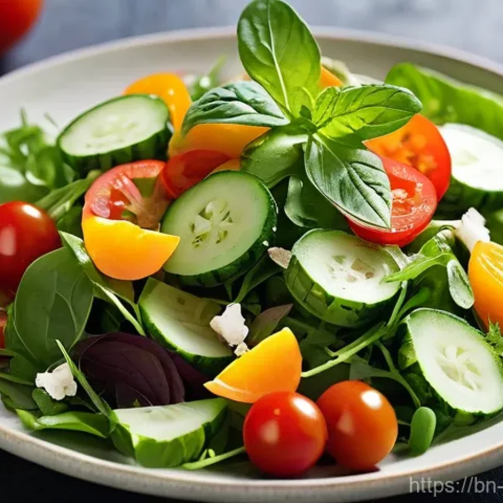 봄샐러드의 건강 효능 - **Prompt:** A close-up, high-angle shot of a vibrant and bountiful spring salad, bursting with fresh...