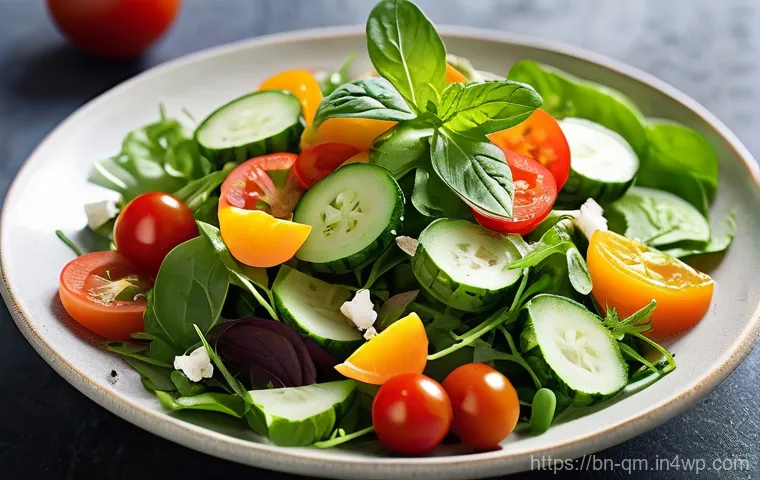 봄샐러드의 건강 효능 - **Prompt:** A close-up, high-angle shot of a vibrant and bountiful spring salad, bursting with fresh...