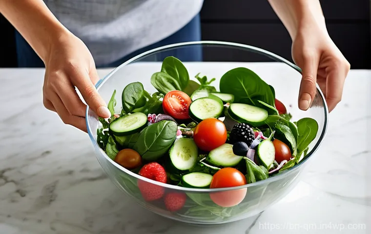 봄샐러드의 건강 효능 - **Prompt:** A young woman, appearing radiant and full of vitality, is seated outdoors on a sunny spr...