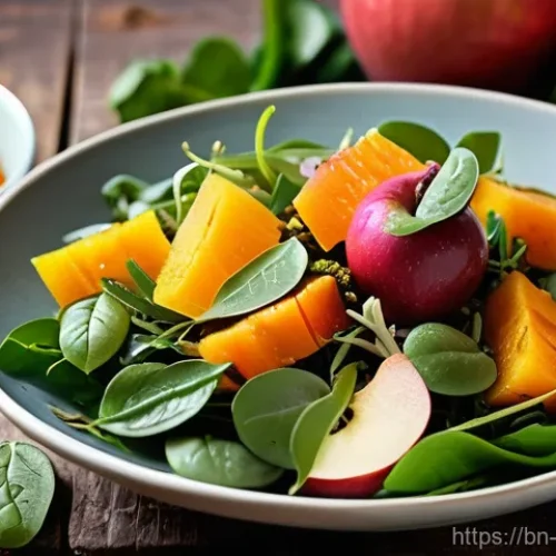Home 27 가을철 가벼운 샐러드 레시피 - **Vibrant Autumn Harvest Salad:** A beautifully arranged, close-up shot of a colorful autumn salad o...