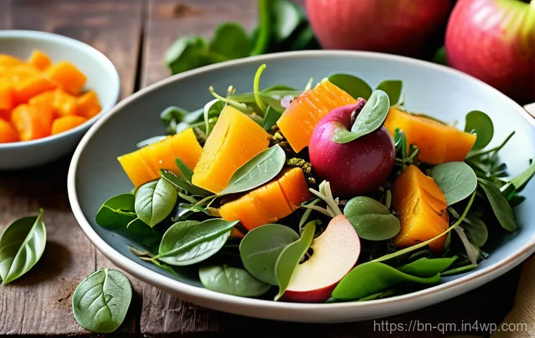 가을철 가벼운 샐러드 레시피 - **Vibrant Autumn Harvest Salad:** A beautifully arranged, close-up shot of a colorful autumn salad o...