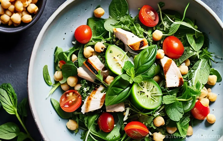 가을철 가벼운 샐러드 레시피 - **Vibrant Autumn Harvest Salad:** A beautifully arranged, close-up shot of a colorful autumn salad o...
