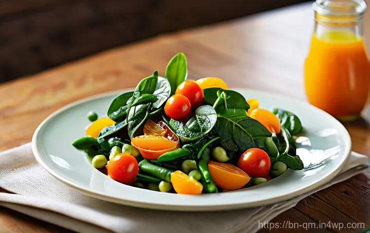 겨울철 심플한 샐러드 레시피 - **Prompt 1: Vibrant & Warming Winter Vegetable Salad**
    A visually appealing, brightly lit, high-...