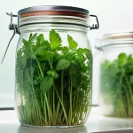 Home 13 봄철 샐러드의 식재료 보관법 - **Prompt:** A close-up shot of vibrant, fresh coriander and mint leaves, their stems submerged in cl...