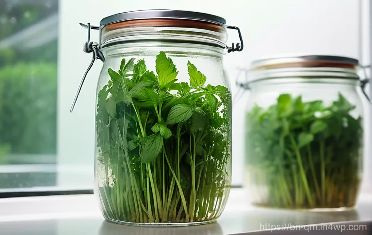 봄철 샐러드의 식재료 보관법 - **Prompt:** A close-up shot of vibrant, fresh coriander and mint leaves, their stems submerged in cl...
