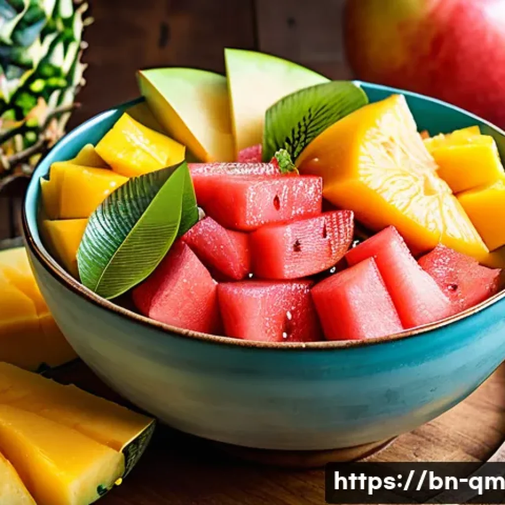 여름철 과일 샐러드의 칼로리 계산 - A vibrant summer fruit salad bowl featuring juicy watermelon, ripe mango slices, fresh pineapple chu...