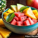 Home 17 여름철 과일 샐러드의 칼로리 계산 - A vibrant summer fruit salad bowl featuring juicy watermelon, ripe mango slices, fresh pineapple chu...