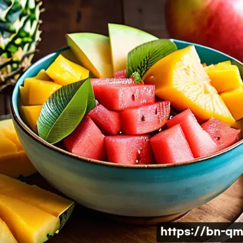 Home 11 여름철 과일 샐러드의 칼로리 계산 - A vibrant summer fruit salad bowl featuring juicy watermelon, ripe mango slices, fresh pineapple chu...