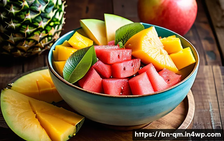 여름철 과일 샐러드의 칼로리 계산 - A vibrant summer fruit salad bowl featuring juicy watermelon, ripe mango slices, fresh pineapple chu...