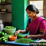 Home 20 봄철 제철 채소 활용 팁 - A vibrant, detailed kitchen scene showing a Bengali woman carefully washing and drying fresh spring ...