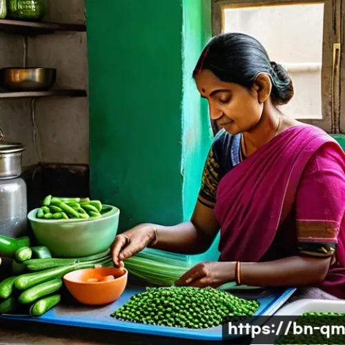Home 32 봄철 제철 채소 활용 팁 - A vibrant, detailed kitchen scene showing a Bengali woman carefully washing and drying fresh spring ...