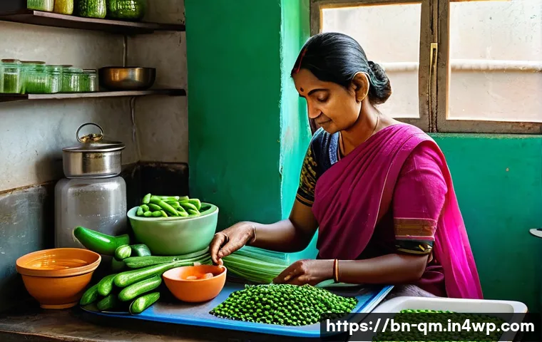 봄철 제철 채소 활용 팁 - A vibrant, detailed kitchen scene showing a Bengali woman carefully washing and drying fresh spring ...