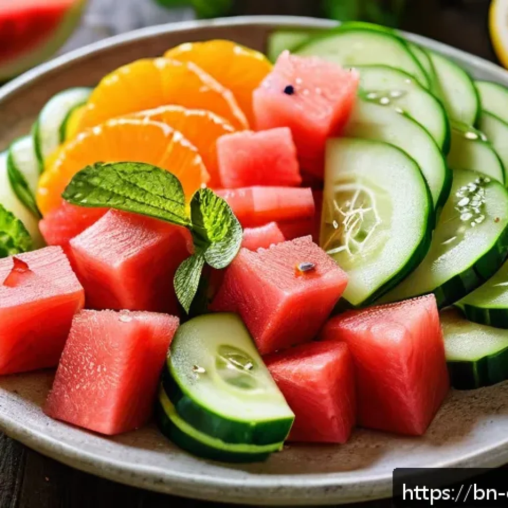 여름철 샐러드의 상큼한 조화 - A vibrant, fresh summer salad bowl featuring sliced cucumber, juicy watermelon cubes, bright orange ...