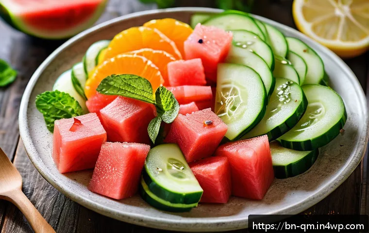 여름철 샐러드의 상큼한 조화 - A vibrant, fresh summer salad bowl featuring sliced cucumber, juicy watermelon cubes, bright orange ...