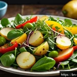 Home 23 봄철 샐러드에 어울리는 주재료 추천 - A vibrant spring salad bowl featuring golden yellow potatoes mixed with crunchy green sprouts, garni...
