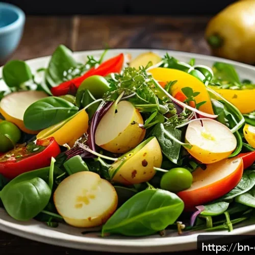 Home 17 봄철 샐러드에 어울리는 주재료 추천 - A vibrant spring salad bowl featuring golden yellow potatoes mixed with crunchy green sprouts, garni...