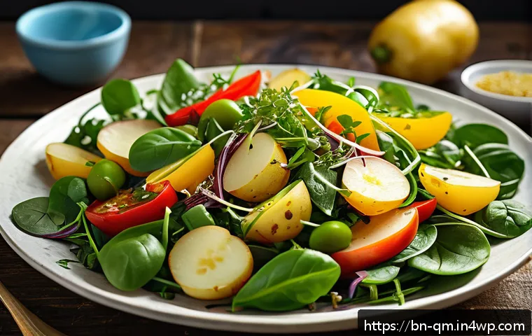 봄철 샐러드에 어울리는 주재료 추천 - A vibrant spring salad bowl featuring golden yellow potatoes mixed with crunchy green sprouts, garni...