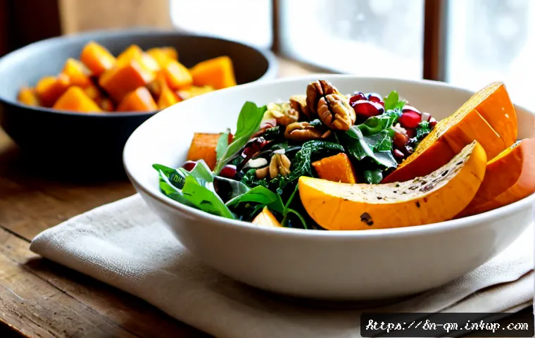 겨울철 따뜻한 샐러드의 조화로운 맛 - Photorealistic warm winter salad in a ceramic bowl, roasted pumpkin wedges, caramelized carrots, cri...