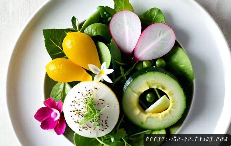 계절별 샐러드 플레이팅 아이디어 - Photorealistic spring salad plating on a white ceramic plate, tender leafy greens, cucumber ribbons,...