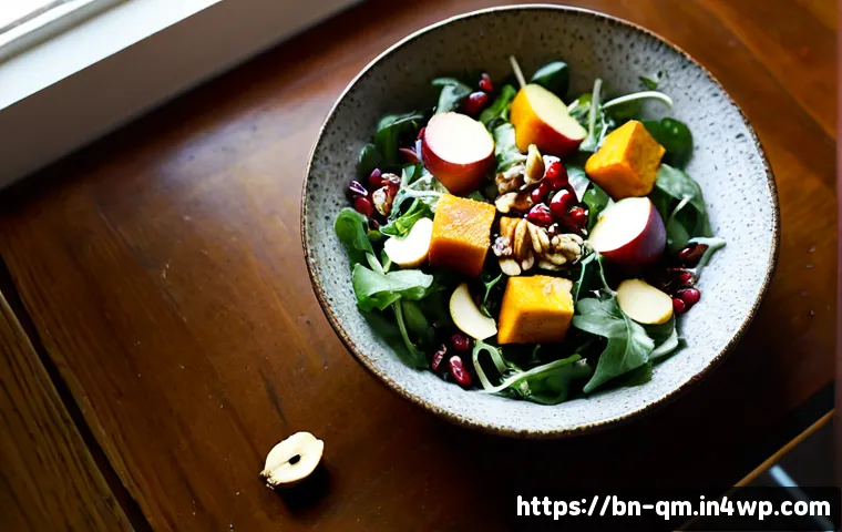 가을 수확을 반영한 샐러드 만들기 - Photorealistic overhead view of a vibrant autumn harvest salad in a rustic ceramic bowl, roasted pum...